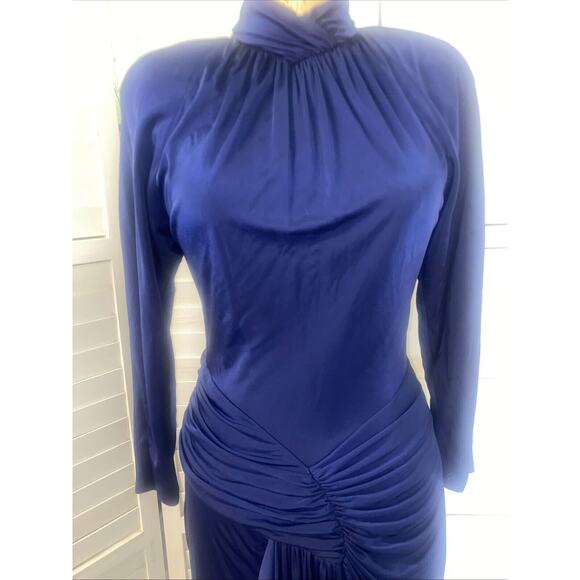VINTAGE CASADEI 1980s Blue Draped Open Back Long Sleeve Dress Sz Large - Picture 2 of 11